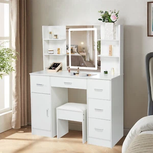 Dressing Table White Vanity Set Makeup Desk Stool w/ Mirror Drawers LED Lighted - Picture 1 of 10