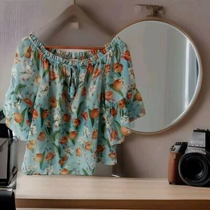 Hale Bob Azure Blouse Size L Flare Sleeves Cotton Orange Floral Design Tassels - Picture 1 of 9