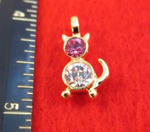 14KT Oro EP Gatto Animali Ottobre Rosa Cristallo Pietra Zodiacale Ciondolo - Foto 1 di 1