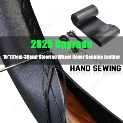 Cubierta de volante de auto de cuero genuino negro de 15" para TOYOTA RAV4 2019-2024 Foto 1 de 4