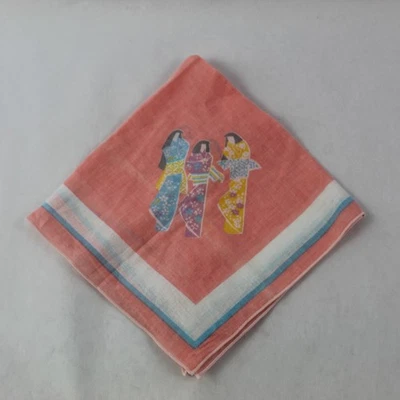 Vintage Pink White Woven Handkerchief with Geisha Pattern - 15" Square - Image 1 of 4