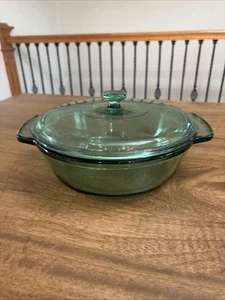 Vintage Anchor Hocking 2qt Grün Glas Kasserolle Schüssel Runde Schüssel 9" mit Deckel - Bild 1 von 13