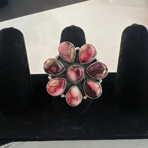 Sterling Silver Southwestern Red Rose Dahlia Ring Size 8 Adjustable - Picture 1 of 12