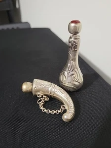 Antique Sterling Silver Perfume Bottles Pair .925 Floral & Horn Form w/ Carnelia - Picture 1 of 24