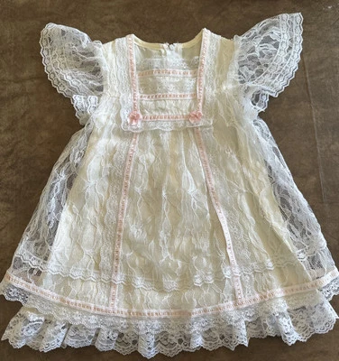 Gunne Sax Jessica McClintock Girls Ivory Lace Pink Short Sleeve Formal Dress - Image 1 of 4