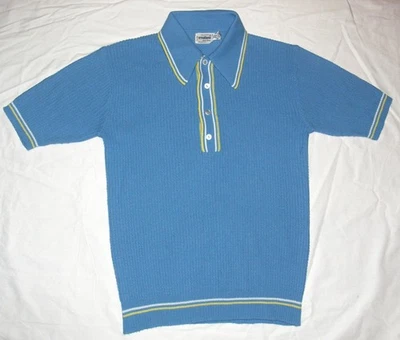 VINTAGE 60s Blue Atomic Mod Knit Acrylic Polo Shirt Mens Small - Image 1 of 4