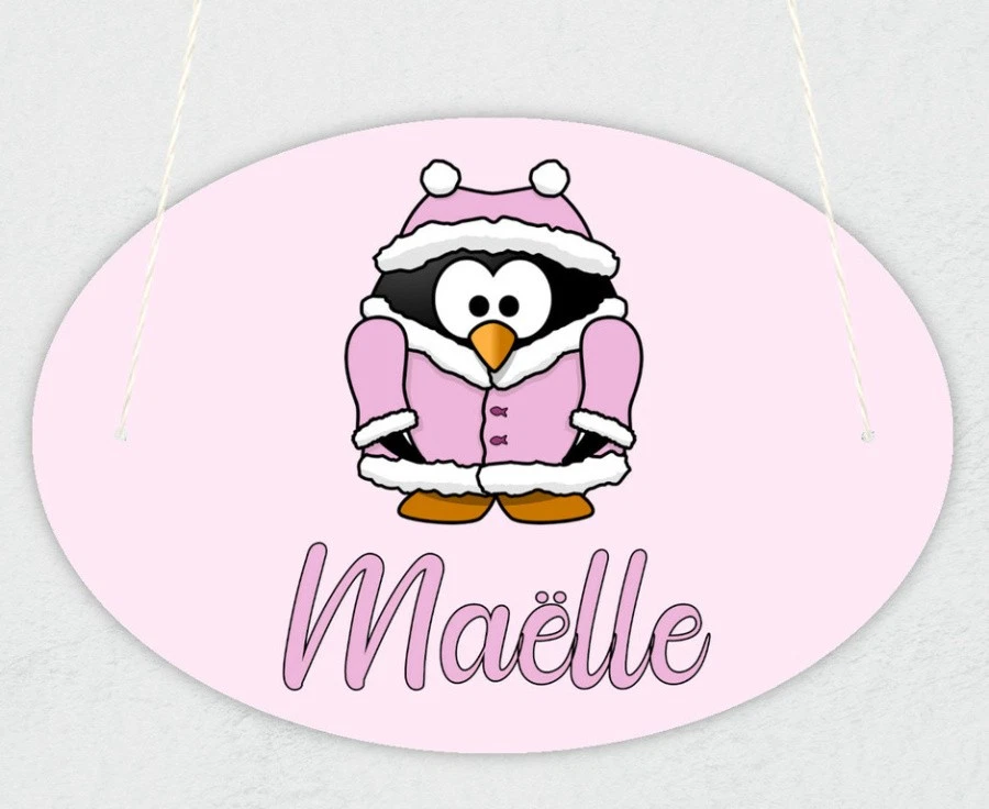 Plaque de porte personnalisable modèle pingouin rose - Photo 1/2