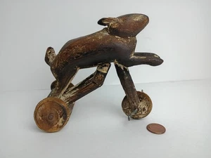 Vintage Folk Art Handcarved Wood Rabbit on a Tri Cycle Pull Toy Figurine - Picture 1 of 9