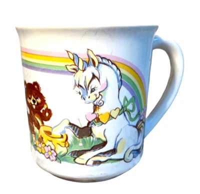 WALLACE BERRIE Fantasy Series #4906 Unicorn Bear Rainbow Ceramic Mug Vtg 1982 - Image 1 of 4