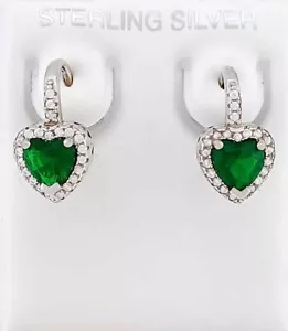 LAB CREATED EMERALD & WHITE SAPPHIRE HEART EARRINGS .925 Silver - LEVER BACKS - Picture 1 of 5
