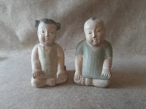 Vintage Paar geschnitzte japanische orientalische asiatische Babys aus Holz Kinder Junge & Mädchen - Bild 1 von 10