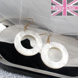 RETRO BIG 4cm CIRCLE lucite FAUX MOP SHELL EARRINGS hoops WHITE SHINY gold tone - Picture 1 of 5