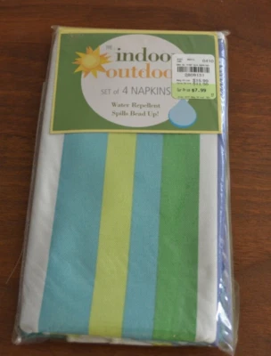 BARDWIL Indoor Outdoor Set of 4 Napkins Water Repellent STRIPES BLUE/GREEN - Image 1 of 4