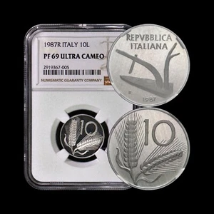 ITALY. 1987, 10 Lire - NGC PF69 - Top Pop 🥇 Plough, Two Ears of Wheat, Proof - Picture 1 of 7