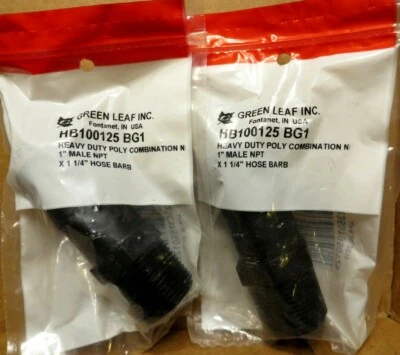 Green Leaf 1" Male Thread  x 1-1/4" Hose Barb, Heavy Duty Poly HB100125 (2 lot) - Image 1 of 2