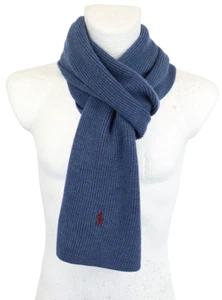 RALPH LAUREN Polo Scarf Men's ONE SIZE Blue Pure Merino Wool Logo Rib Knitted - Picture 1 of 7