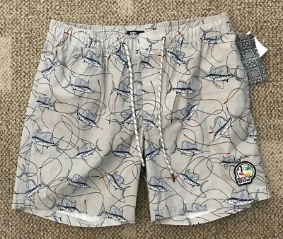 Мужские большие L Reyn Spooner с подкладкой плавки шорты серый серый Marlin печати - Изображение 1 из 4