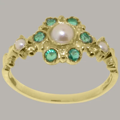 Solid 10k Yellow Gold Cultured Pearl & Emerald Womens Ring - Sizes 4 to 12 - Image 1 of 4