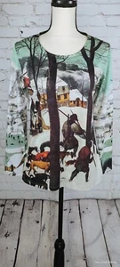 NUOVA T-shirt manica lunga "Cacciatori nella neve" Pieter Bruegel pittura invernale M - Foto 1 di 23