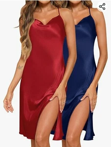 Huukeay 2 Pcs Women's Satin L Nightgown V Neck Silk Slip Sleep Dress Adjustable - Picture 1 of 7