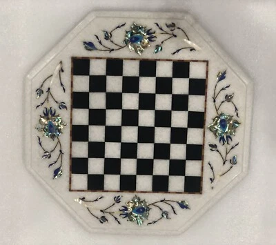 12" White Marble Chess Coffee Table Abalone Shell Floral Inlay Art Game Set Deco - Image 1 of 4