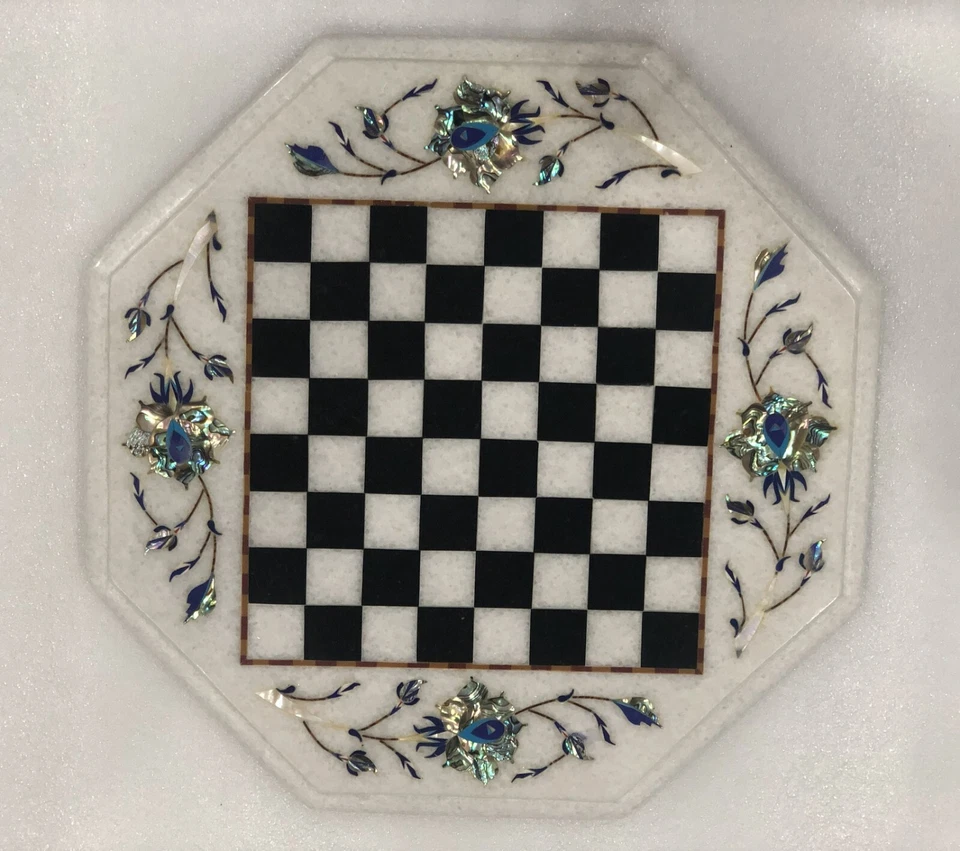12" White Marble Chess Coffee Table Abalone Shell Floral Inlay Art Game Set Deco - Image 1 of 4