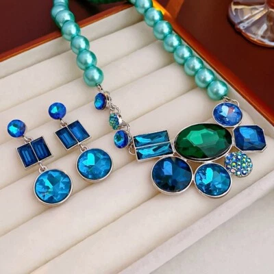 Blue Pearl and diamond necklace set, Rhinestone Pearl necklace Earrings - Image 1 of 4