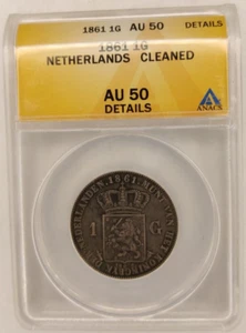 1861 NETHERLANDS SILVER 1 GULDEN AU 50 Details ANACS William III Silver Coin 1B - Picture 1 of 4