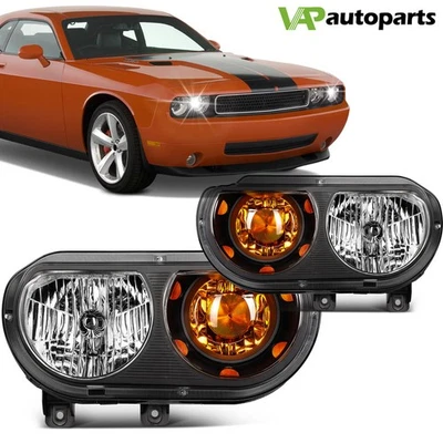 Headlights Assembly Pair For Dodge Challenger 2008-2014 Black Housing Clear Lens - Image 1 of 4