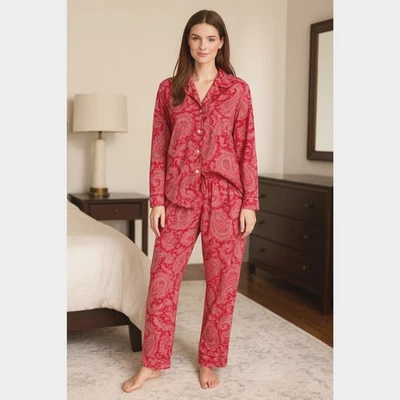 Conjunto de camisa y pantalón pijama de cachemira rojo rosa Lauren Ralph Lauren para mujer talla XS Foto 1 de 4