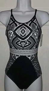 UNITED ALL AROUND black White Patterned Racer Back One Piece Swimsuit XS - Picture 1 of 8