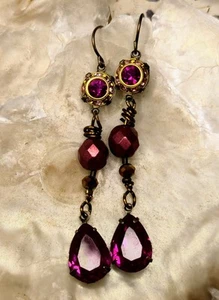 Victorian Fuchsia Pink Flower And Rose Crystals In Long Brass Earrings - Picture 1 of 9
