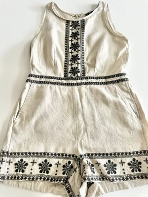 Ann Taylor Loft Cream And Black Short Romper In Linen Size 10 Petite - Image 1 of 4