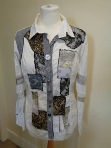 ELISA CAVALETTI WHITE SHIRT WITH MULTI FABRIC DETAIL AND CLOCK FACE BUTTONS - S - Picture 1 of 7