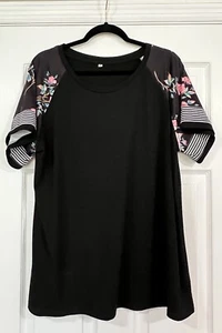 Camiseta para mujer cuello redondo negra con mangas cortas florales talla XL SUAVE - Imagen 1 de 8