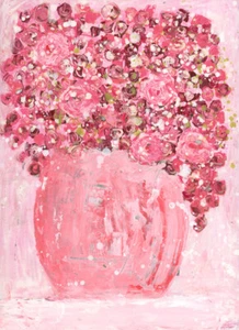 Pink Roses Floral Flower Painting Palette Knife Cottagecore Art Miz Katie - Picture 1 of 17