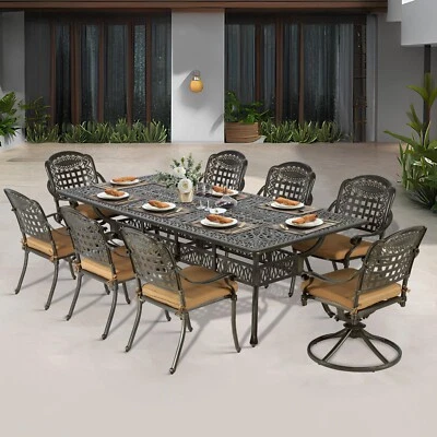 Juego de sillas de mesa de patio de 9 piezas de aluminio fundido para 8 muebles de comedor de exterior Foto 1 de 4