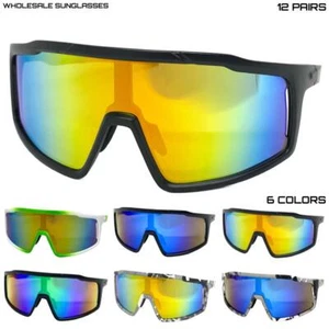 LOTE AL POR MAYOR Hombres Gran Tamaño Deportivo Envoltura Motociclista Escudo GAFAS DE SOL 12 Pares - Imagen 1 de 24