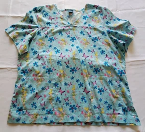 Disney Tinker Bell Scrub Top Women's 2XL Blue Floral Butterfly Tie Back Cotton - Picture 1 of 5