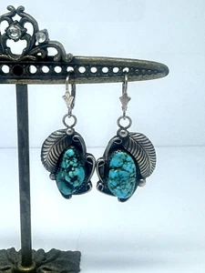 Amerikanische Ureinwohner Türkis und Sterlingsilber Ohrhänger Blattdetails - Bild 1 von 5