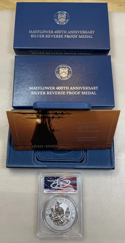 2020 Mayflower Silver Medal Reverse Proof PCGS PF70 Cleveland w/ OGP 20k Mintage Cover