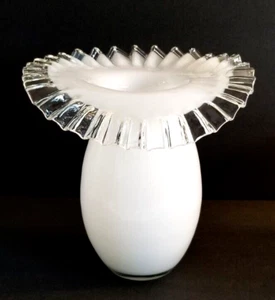 Hand Blown Art Glass Vase White Silver Crest Ruffled Crimped Rim 10x10x10 - Picture 1 of 18