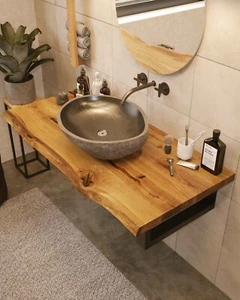 BestLoft Waschtischplatte Eiche Holz mit Baumkante Massivholzplatte 40mm dick - Bild 1 von 9