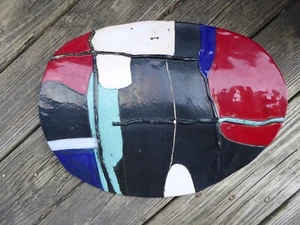 Handmade Art Pottery Heavy Round Oval Plate Abstract Signed Dish Decor Wall 18" - Picture 1 of 3