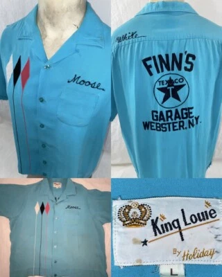 VTG 50S MENS TEXACO FINNS GARAGE KING LOUIE LOOP BUTTON GABARDINE BOWLING SHIRT - Image 1 of 4