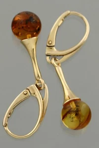 Fossil Insects BALTIC AMBER Round Beads Gold Plated Silver Earrings 3.2g 40502-7 - Picture 1 of 5