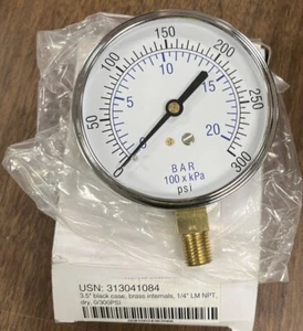 "Manómetro de aire utilitario 3,5"" estuche negro 0/300 PSI 1/4" LM NPT 313041084 latón seco" - Imagen 1 de 5