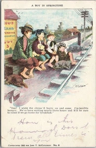 1907 Artist-Signed JOHN McCUTCHEON Postcard A BOY IN SPRINGTIME / Train Tracks - Picture 1 of 2