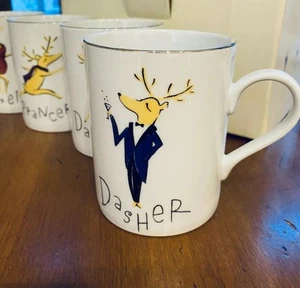 Taza de café Potterybarn RENO Dasher Navidad Porcelana Borde plateado 4"NUEVA - Imagen 1 de 2