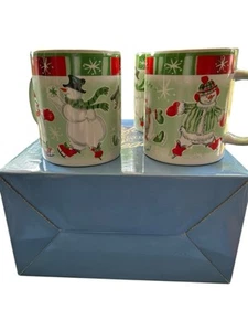 Christmas Avon Cups Mugs Skating Snowmen Green Red Set Of 4 - Picture 1 of 9